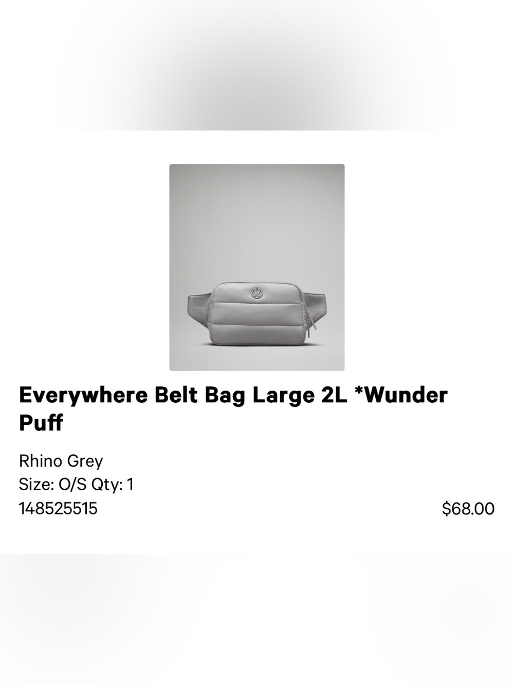 New with tags! Everywhere Belt Bag Large 2L *Wunder Puff Rhino Grey